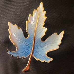 Vintage Maple Leaf Enamel Brooch Blue White and Gold
